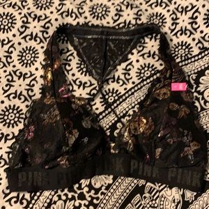NWOT “Pink” lace bralette black with designs